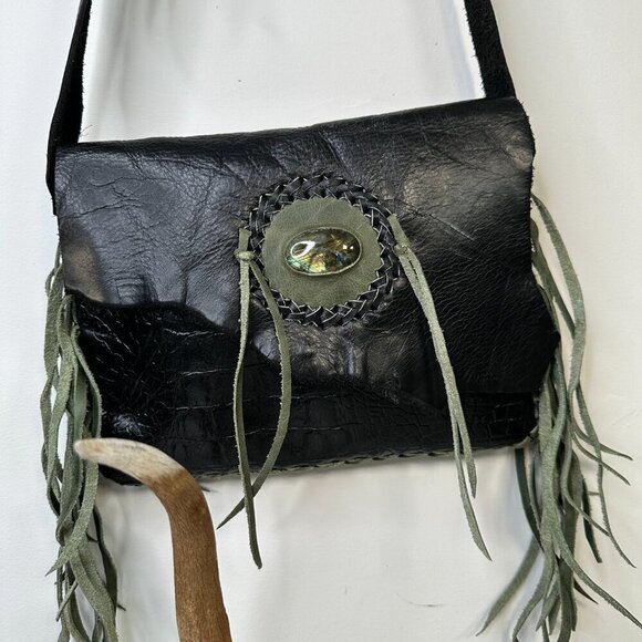 FPP Handmade Black Genuine Leather Crossbody Purse Boho Western Fringe Stone - Picture 3 of 13